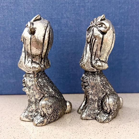 Pair Silver Finish 3in Poodle Afghan Dog Figurine Signed Italy Vintage Ribbon - Picture 4 of 6